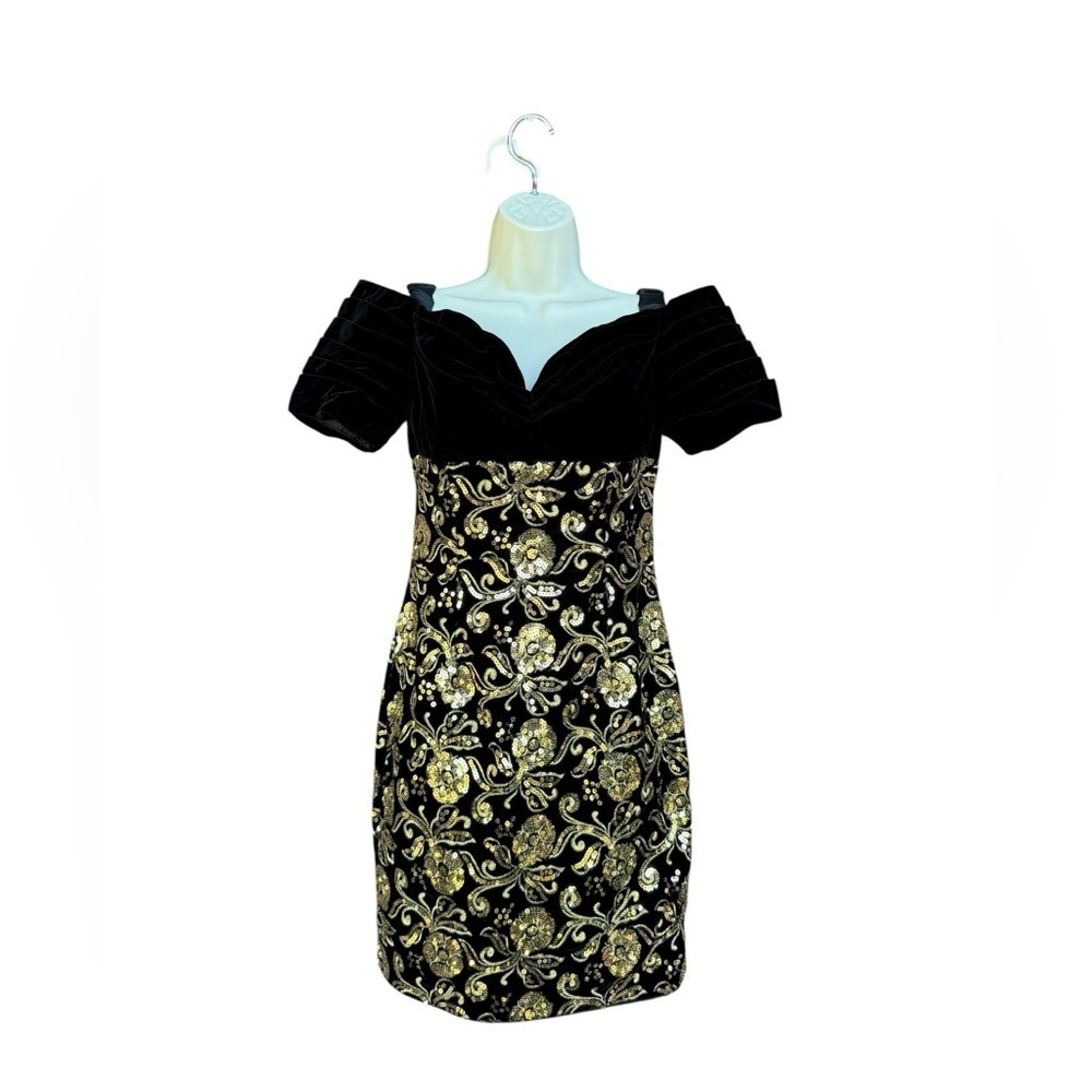 Jessica McClintock Black Gold Sequins Dress 4 Vintage 90s Dark Romantic Gothic